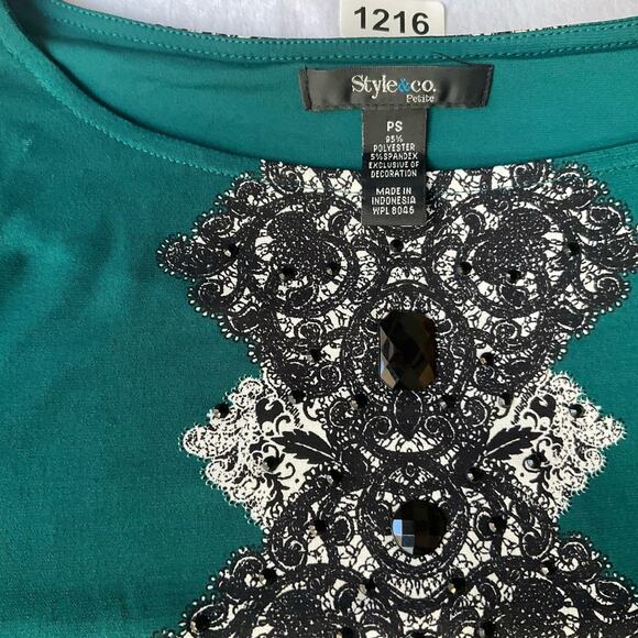 Style & Co. Women’s Long Sleeve Screw Neck Mini Dress size Petite S, Green Black - Picture 7 of 9